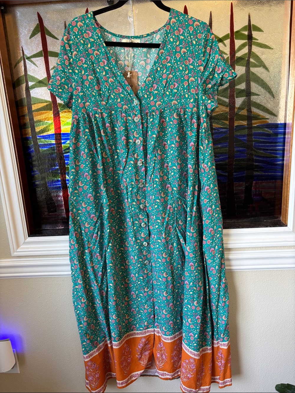 NATURAL LIFE Teal Floral Midi Dress with Orange Border